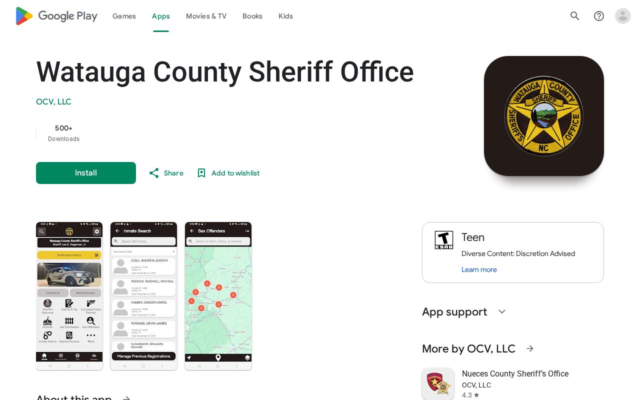 Watauga County arrest records app listing for Android